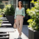 Mladá žena v mintové blůze a béžových kalhotách stojí venku, městské prostředí s kavárenskými stoly v pozadí