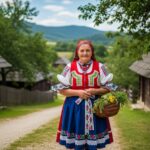 Slovenská babička v kroji s košíkem bylin u dřevěných chalup na vesnici pod modrou oblohou
