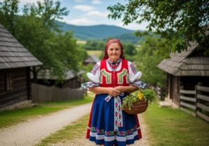 Slovenská babička v kroji s košíkem bylin u dřevěných chalup na vesnici pod modrou oblohou