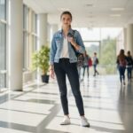 Teenage dívka s batohem v moderní školní chodbě během dne, oblečená v džískách a bílé blůze