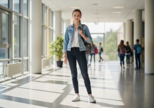 Teenage dívka s batohem v moderní školní chodbě během dne, oblečená v džískách a bílé blůze