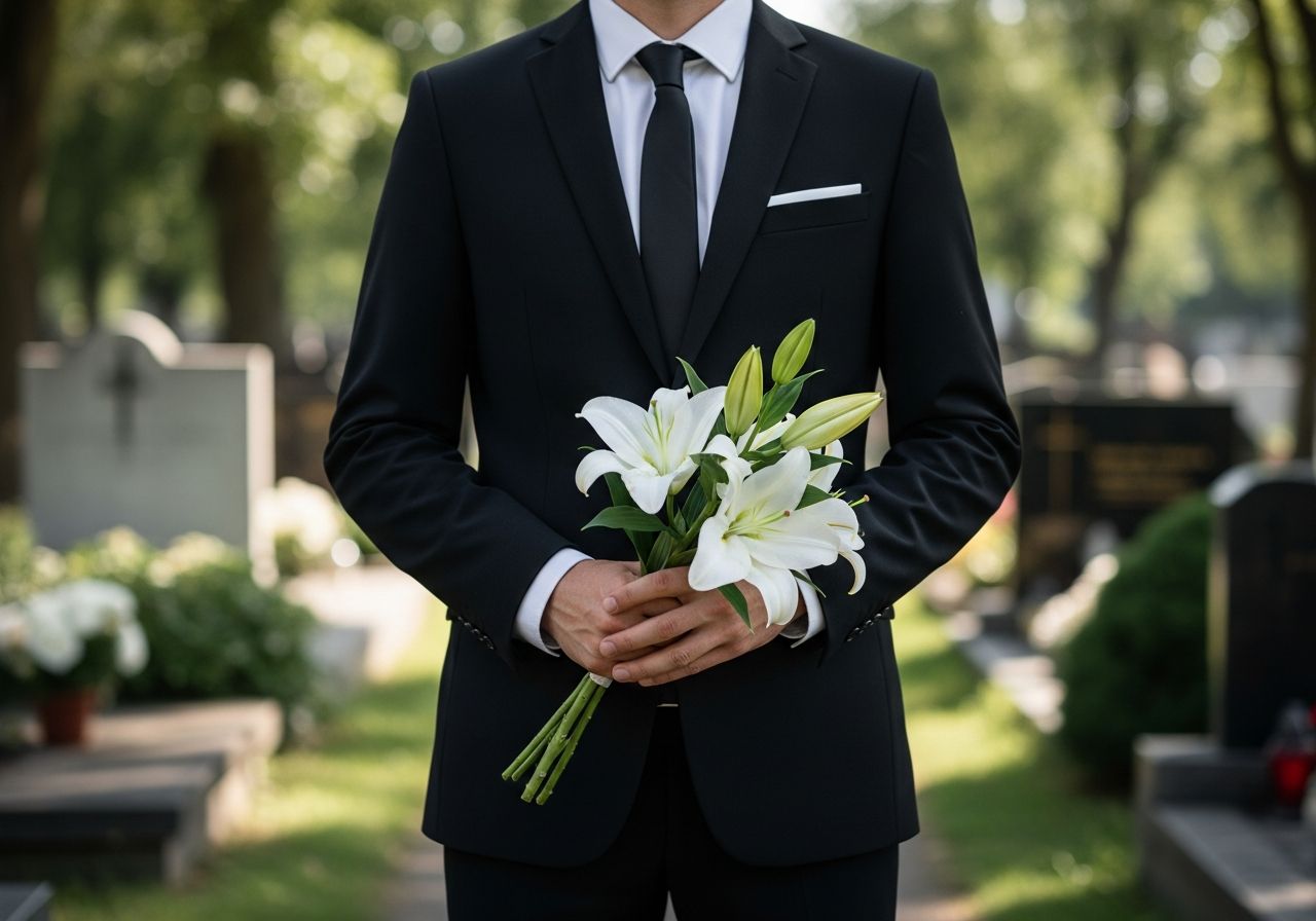 Osoba v černém obleku drží kytici bílých lilií na pozadí hřbitova s náhrobky a stromy.