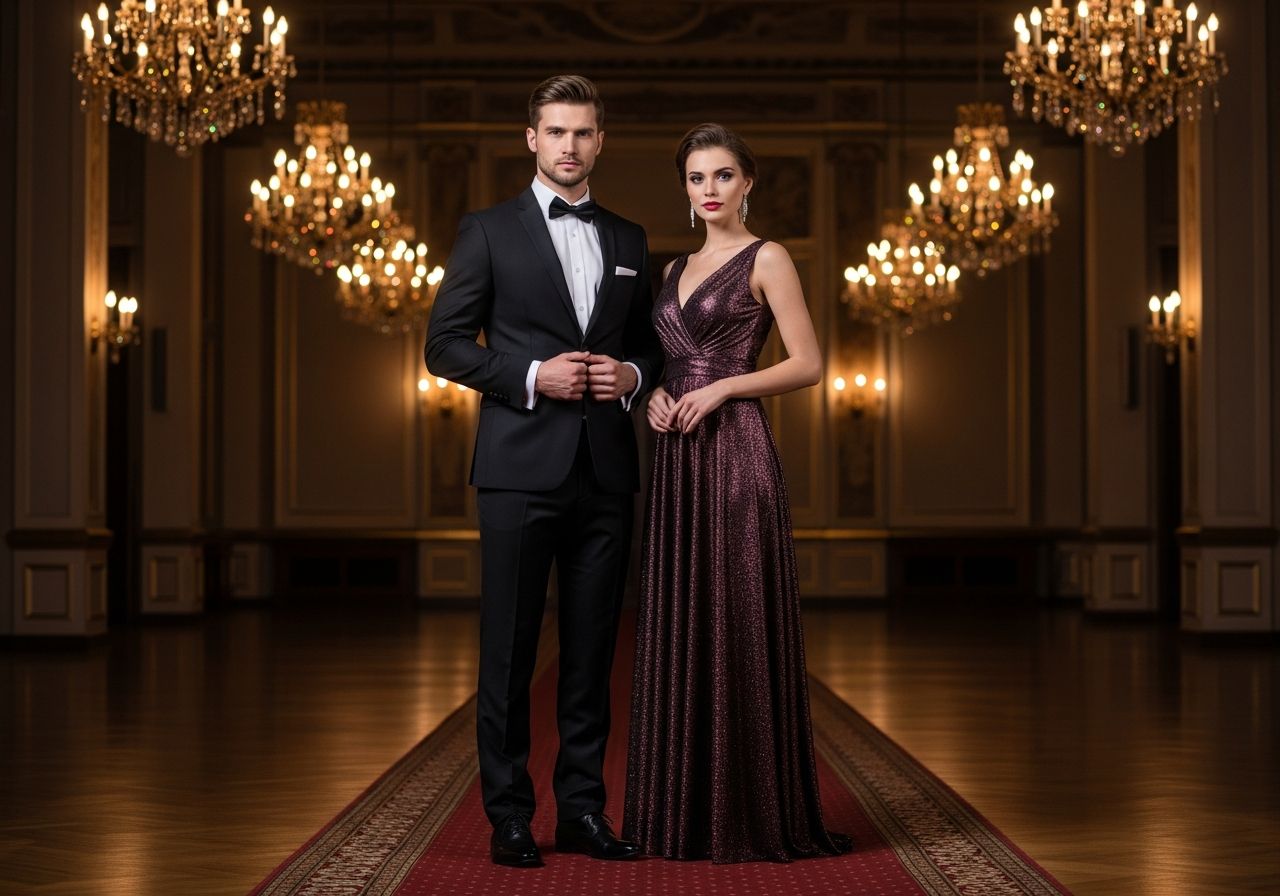 Muži a žena v elegantním oblečení stojí v luxusní síni na galavečeru KSW.