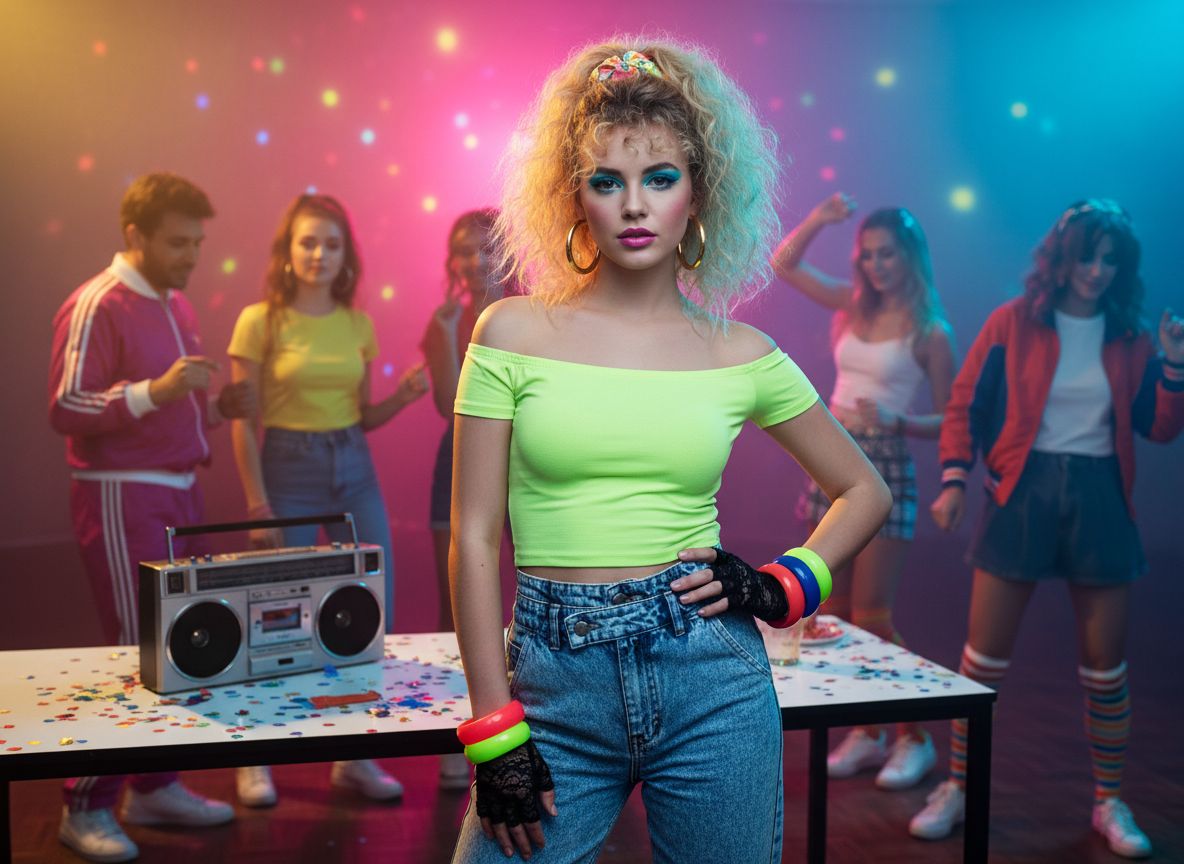 Mladá žena v barevném 80. letech oblečení na retro párty s disco světly a hosty v pozadí