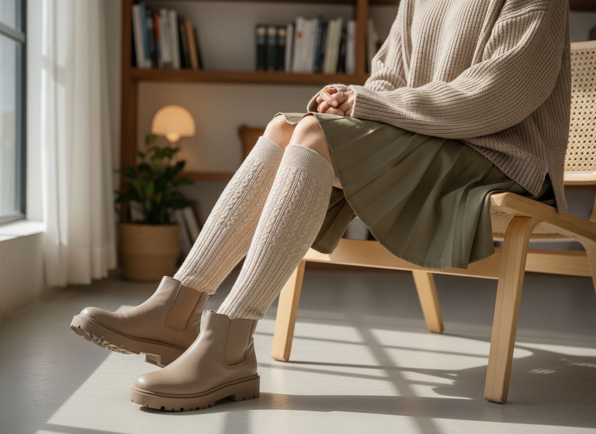 Stylová žena sedí na moderní židli v béžových nadkolenkách s plisovanou sukní a svetrem.