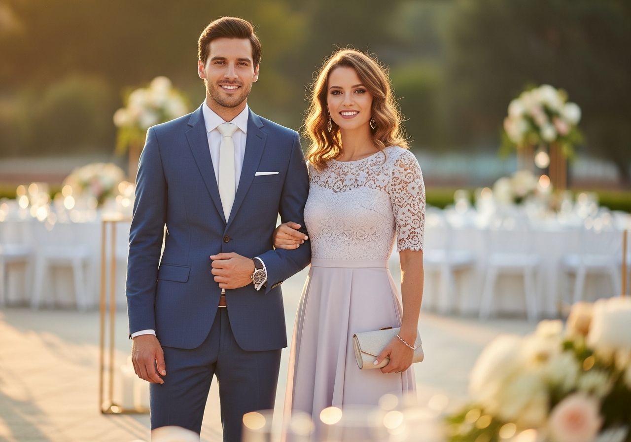 Muž a žena v elegantním oblečení na oslavě výročí svatby venku za zlaté hodiny