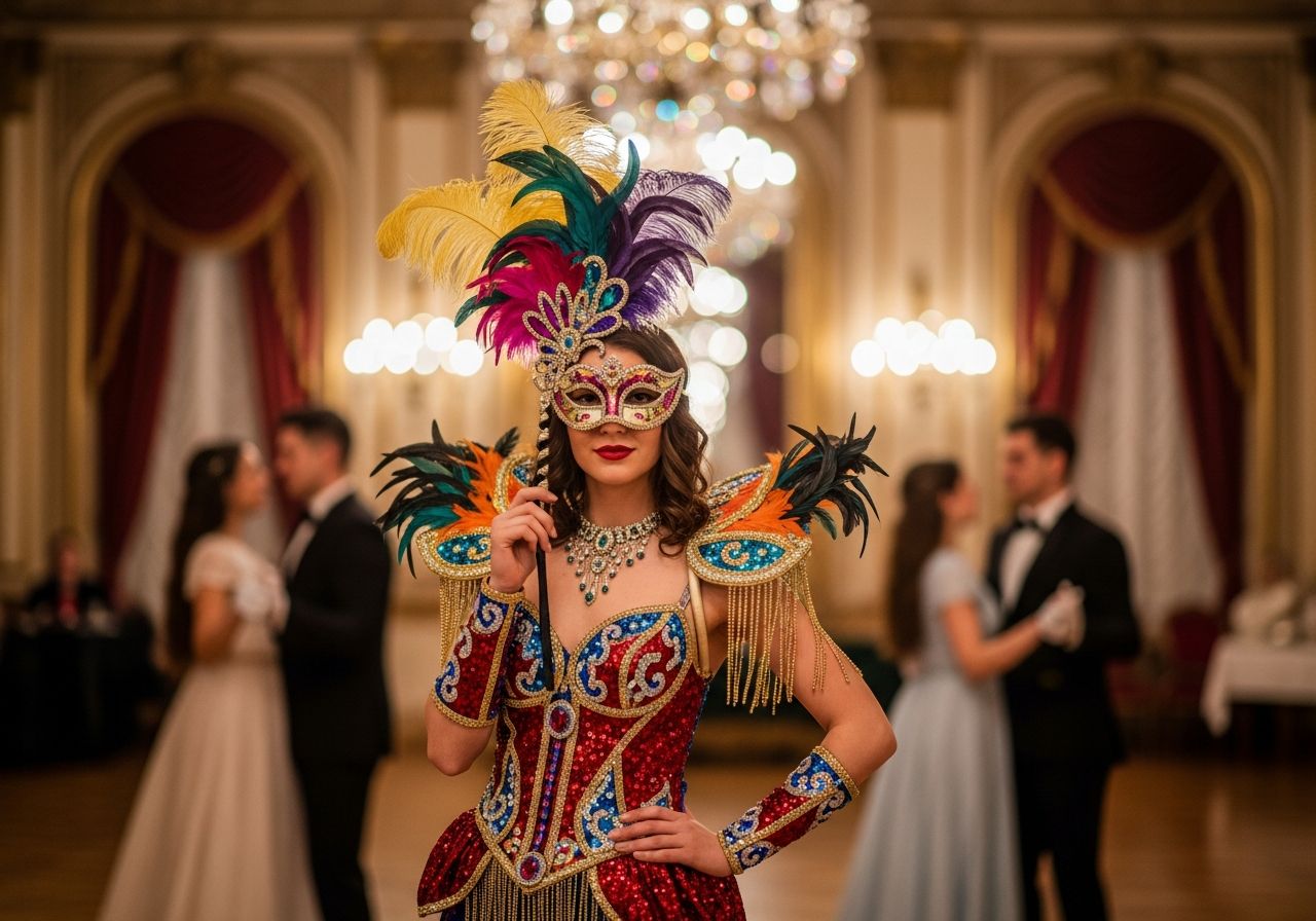 Mladá žena v barevném karnevalovém kostýmu s maskou stojí v elegantním tanečním sále.