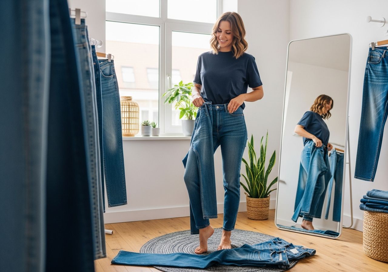 Žena zkouší různé modré džíny v moderní zkušební kabině s přirozeným světlem a minimalistickým vybavením