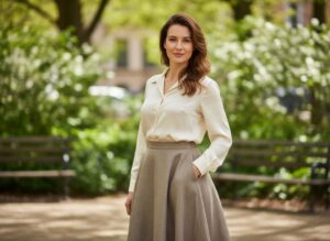 Žena s hruškovým tvarem těla v elegantním oblečení stojí venku v parku, usmívá se, pozadí rozmazané.