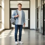 Student v moderním volnočasovém oblečení s batohem stojí na školní chodbě.