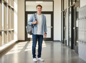 Student v moderním volnočasovém oblečení s batohem stojí na školní chodbě.
