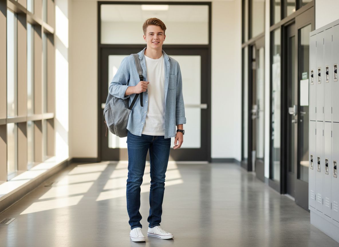Student v moderním volnočasovém oblečení s batohem stojí na školní chodbě.