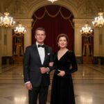 Středně vzdávaný pár v luxusním oblečení v honosném foyer opery s mramorovou podlahou a červenými závěsy