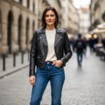 Žena v černém koženém křiváku, krémovém topu a džínách na městské ulici.