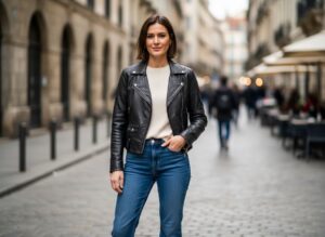 Žena v černém koženém křiváku, krémovém topu a džínách na městské ulici.